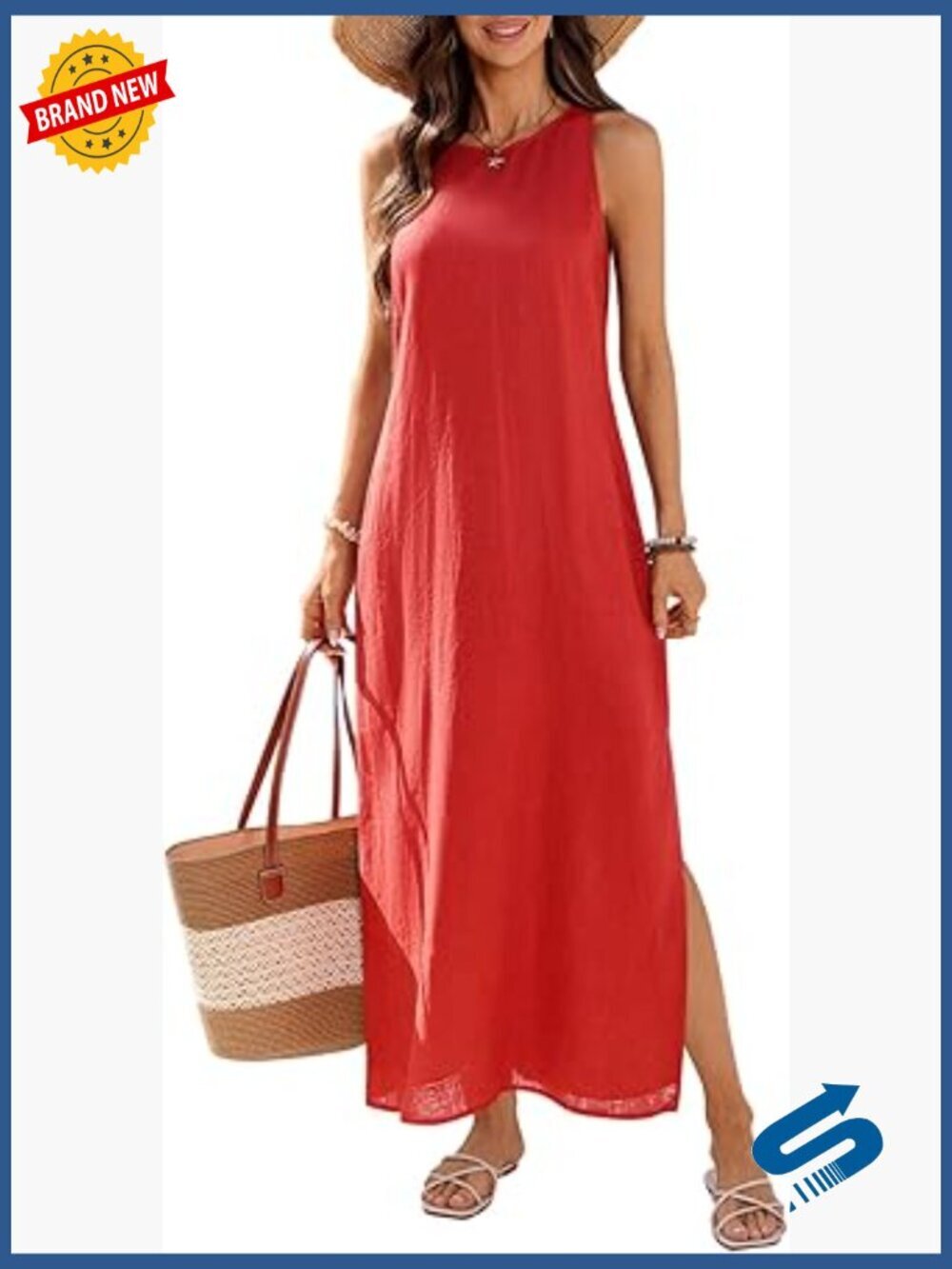 100% Linen Maxi Dress Sleeveless Crewneck Side Slit Summer Trendy